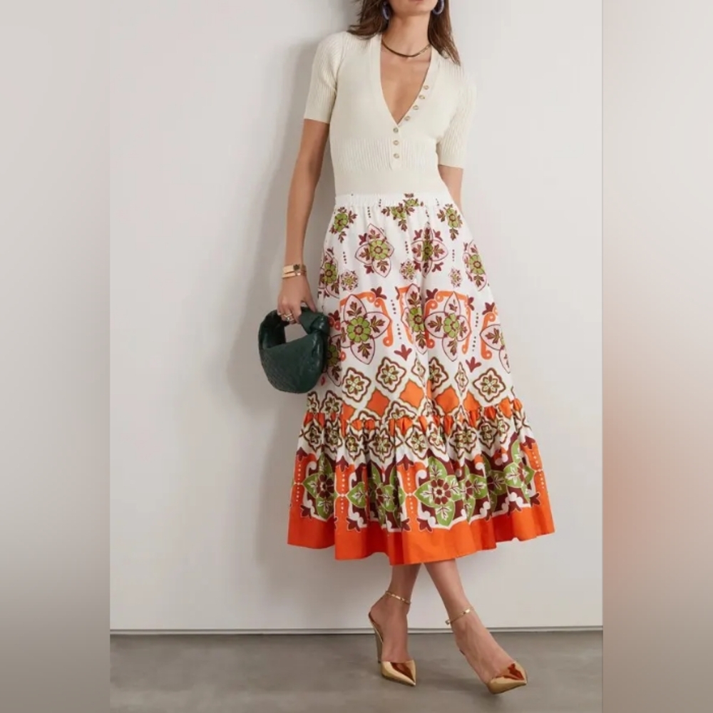 La Double J Orange Print Sunset Cotton Poplin Skirt L